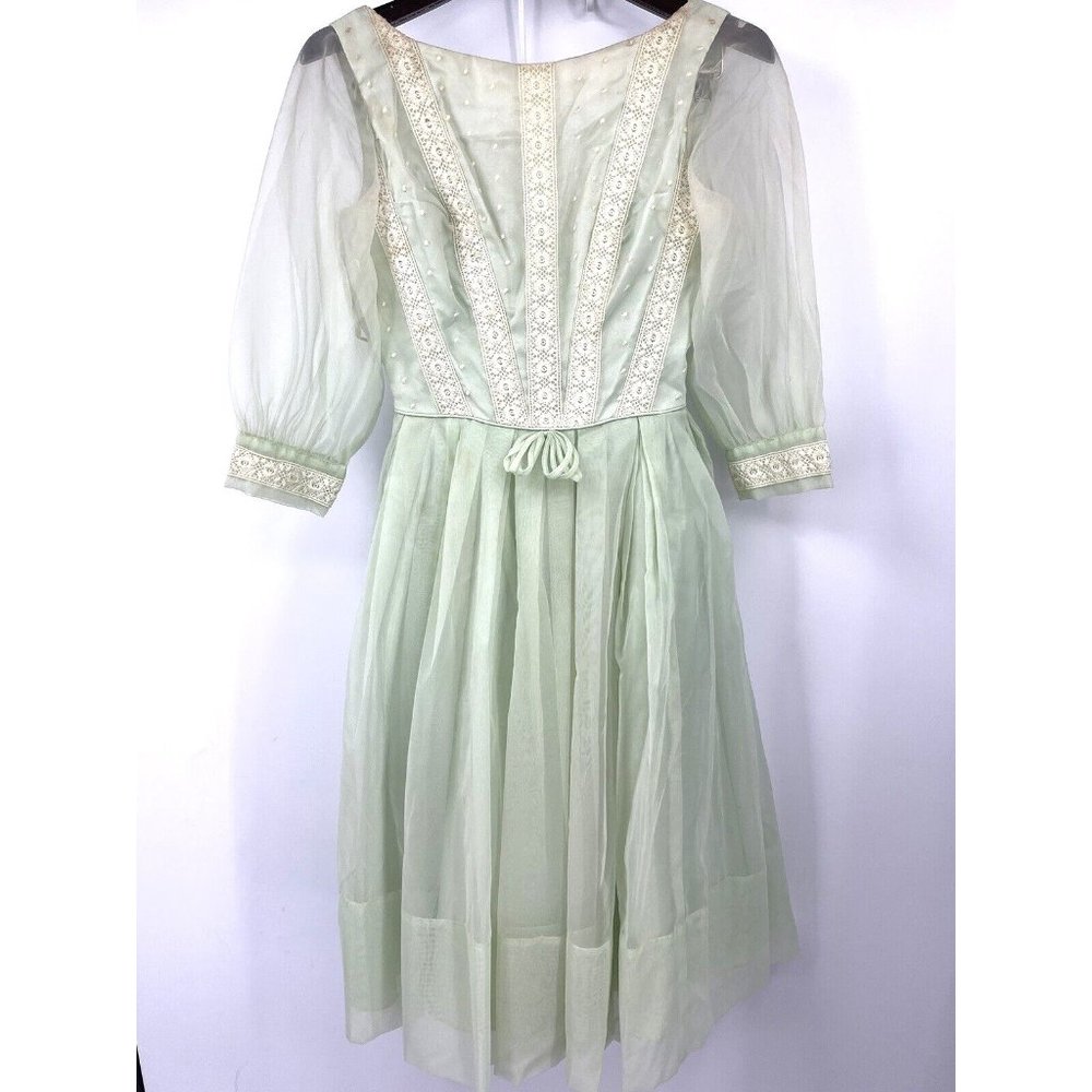 VTG Emma Domb Dress Womens Size 9 Tulle Mesh Floral Evening Cupcake Green READ